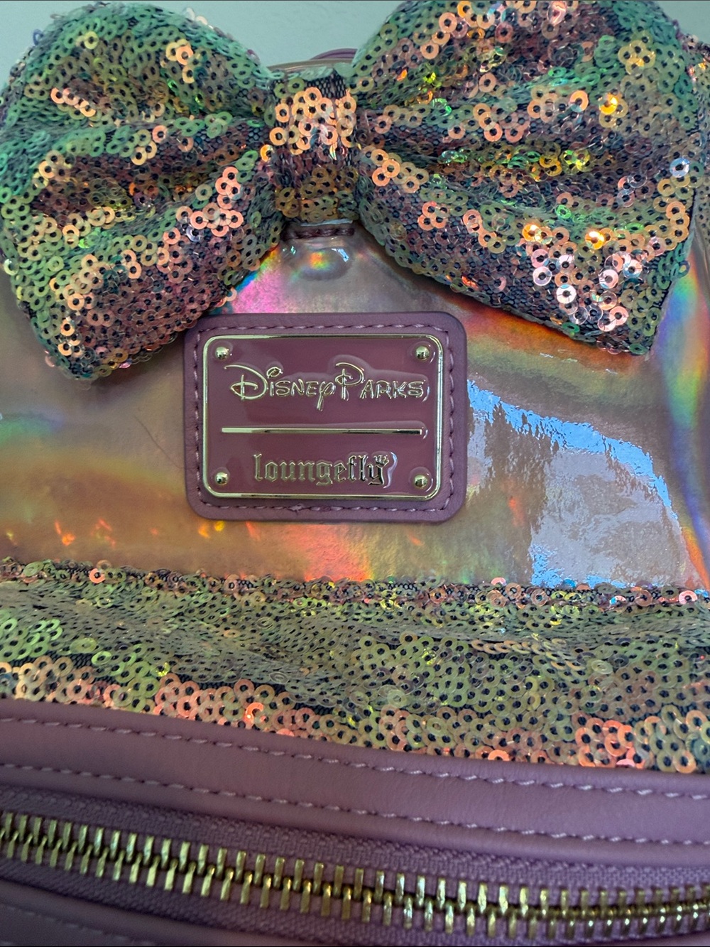 Loungefly Iridescent Rose Gold Sequin Minnie Ear Mini Backpack - Picture 3 of 4